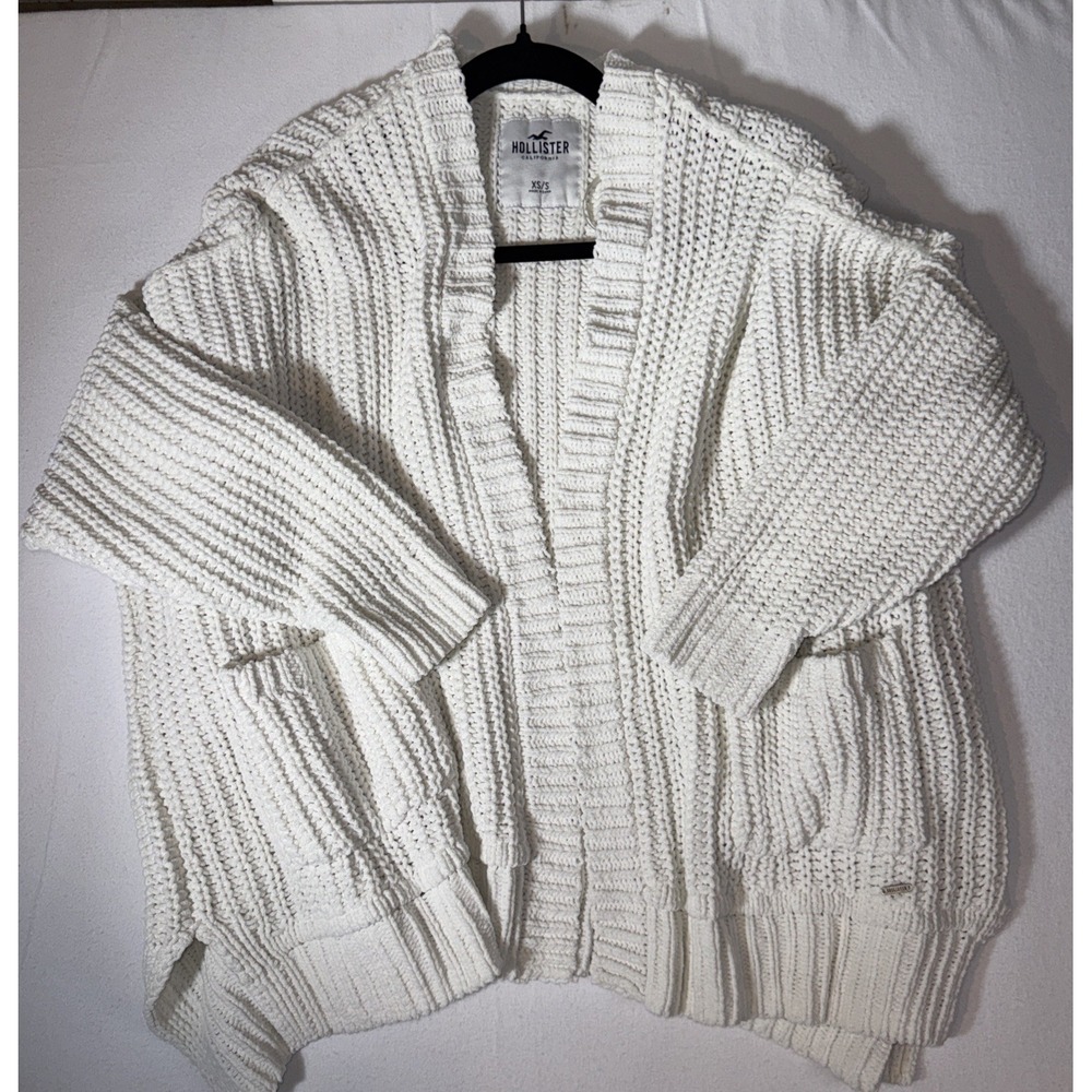 Hollister Chenille Cardigan Sweater Womens XS S White Open Front Slouchy Pockets